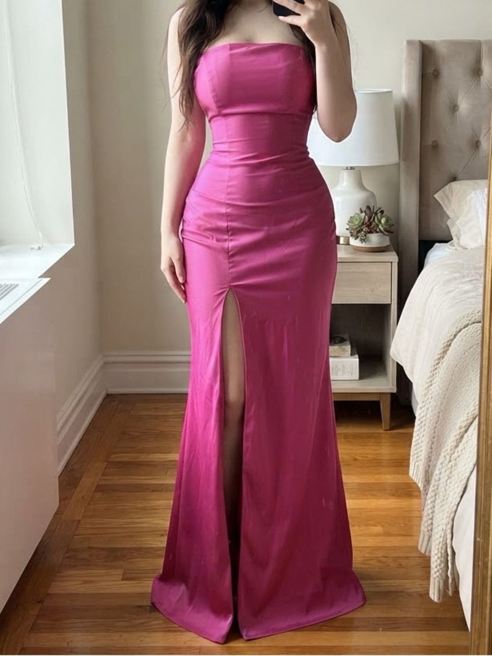 Hot Pink Satin Strapless Maxi Dress Thigh High Slit Formal Prom Gown
